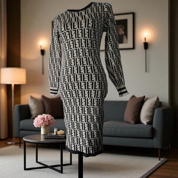 F  INSPIRED (SM) Tan with Brown Crew Neck Long Sleeve Sweater Dress - Picture 1 of 5
